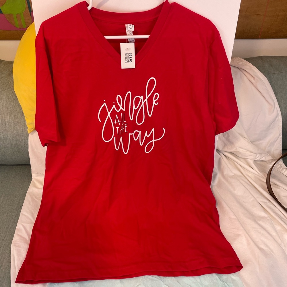 Jingle All the Way Holiday V-neck T-shirt XL Red